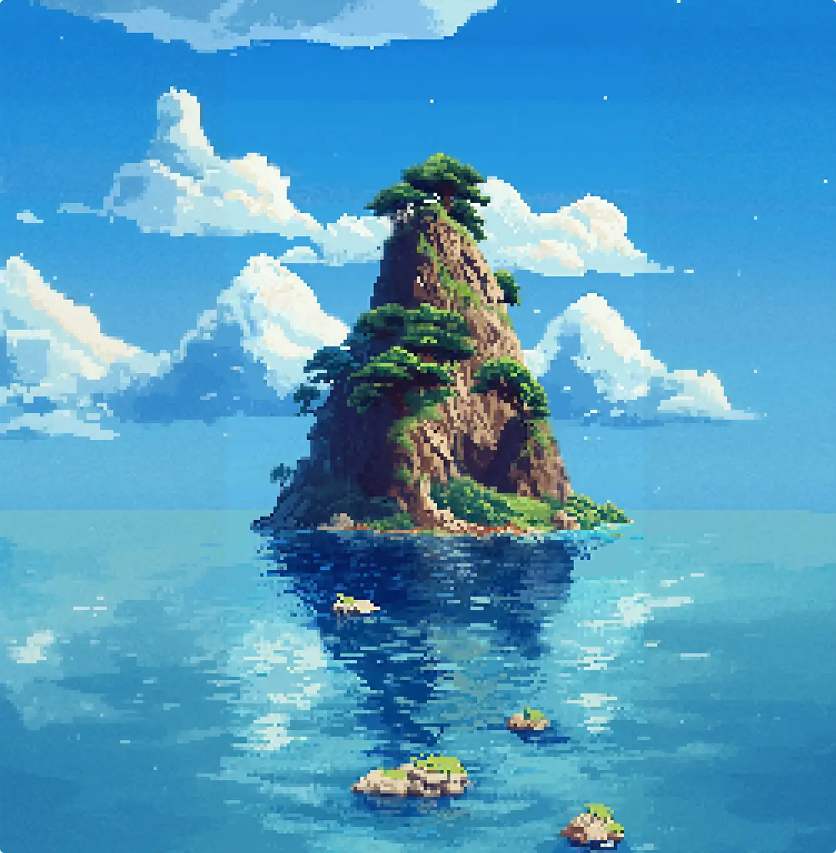 Pixel Art Island mit steilem, stark bewachsenem Felsen, umgeben von ruhigem Meer und hellblauem Himmel mit Wolken