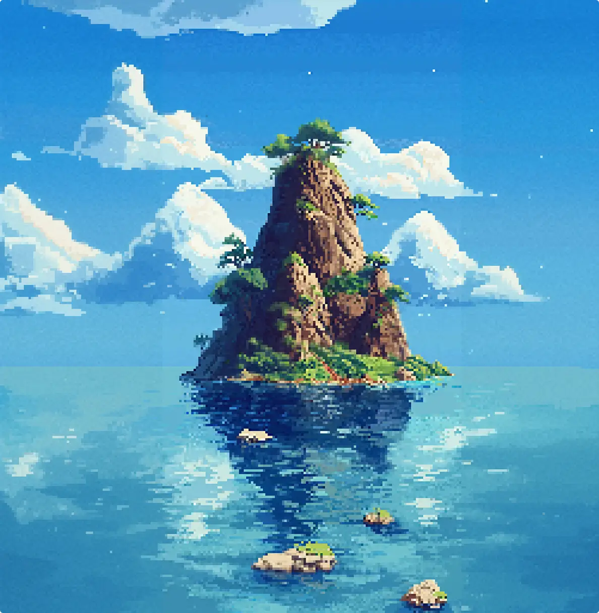 Pixel Art Island mit hohem Felsen, bewachsen mit Bäumen, umgeben von klarem, blauem Wasser under a sky with white clouds