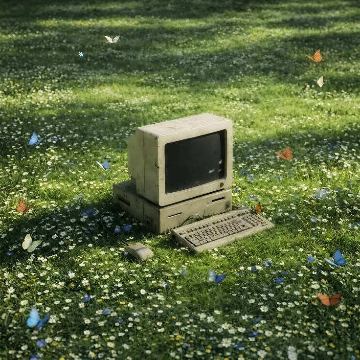 An old desktop computer sitting in a wildflower meadow