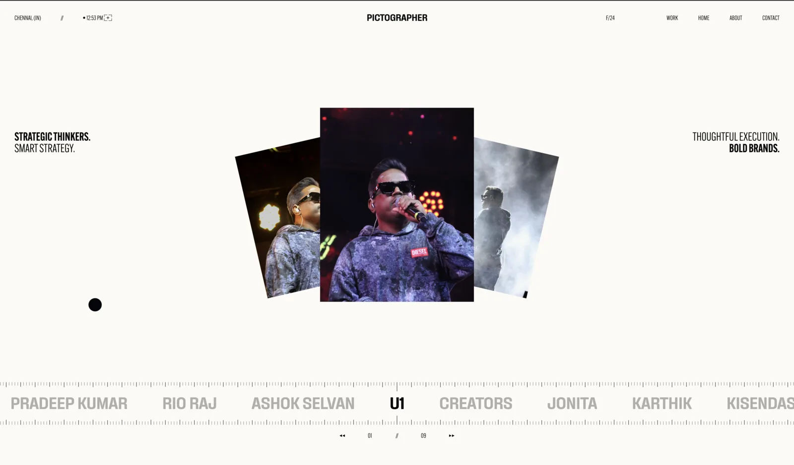 Pictographer portfolio homepage with a stacked photo reel and a scrubbing client index