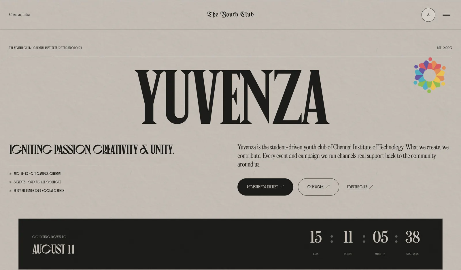 Yuvenza fest landing page with a large display wordmark and a countdown to August 11
